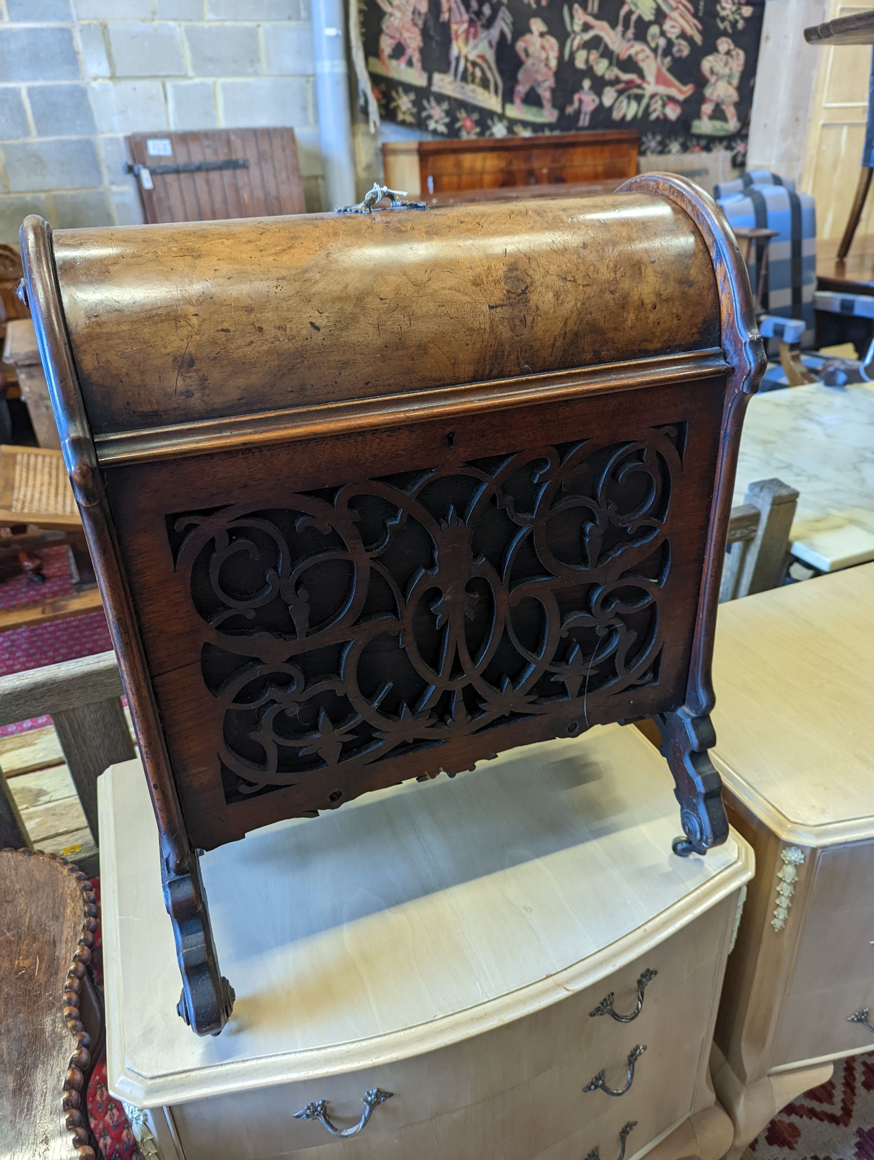 A Victorian burr walnut fret cut domed enclosed Canterbury, width 48cm, depth 38cm, height 59cm